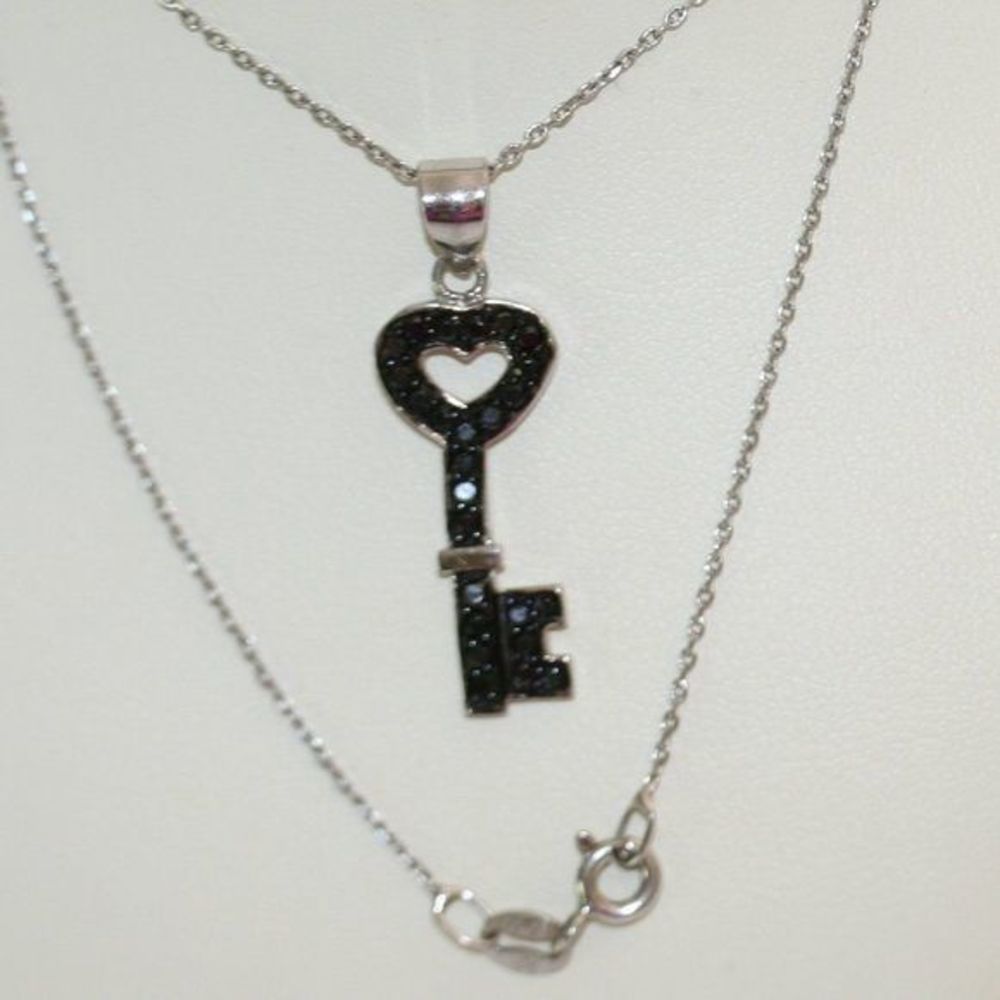 Sterling Silver Sparkling Black Key Necklace Italy